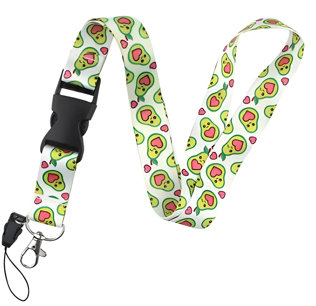 Polyester lanyard with double-sided avocado cartoon print and plastic buckle, shown at full 45cm length.