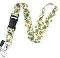 Polyester lanyard with double-sided avocado cartoon print and plastic buckle, shown at full 45cm length.