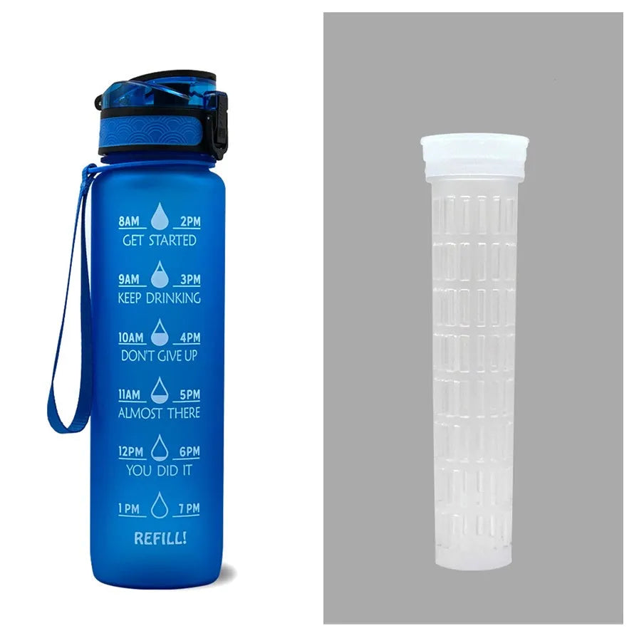 Blue and red gradient 1 litre Tritan sports water bottle with time markers and flip-top lid
