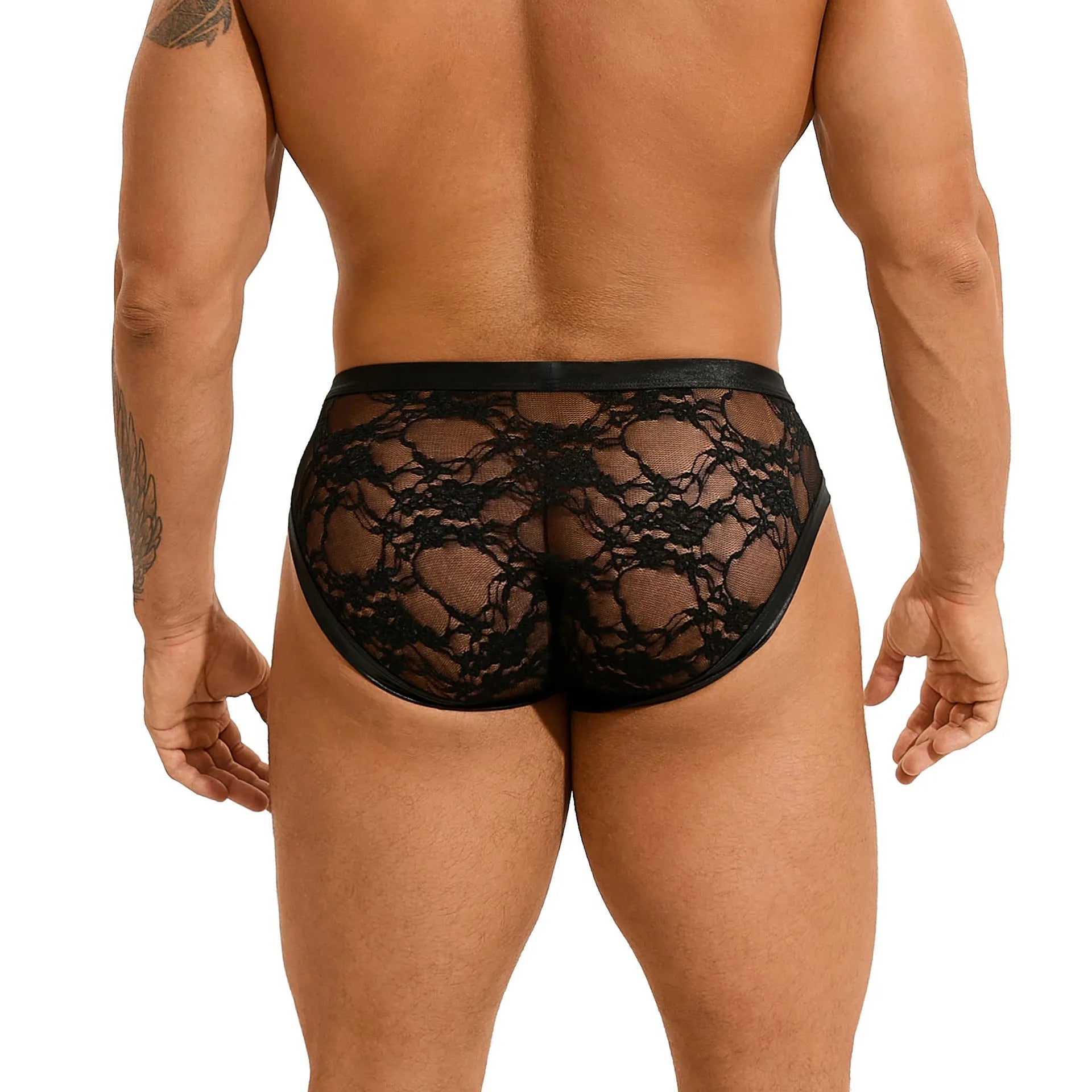 Black men's faux leather briefs with visible stitching and lace detailing on a solid background.