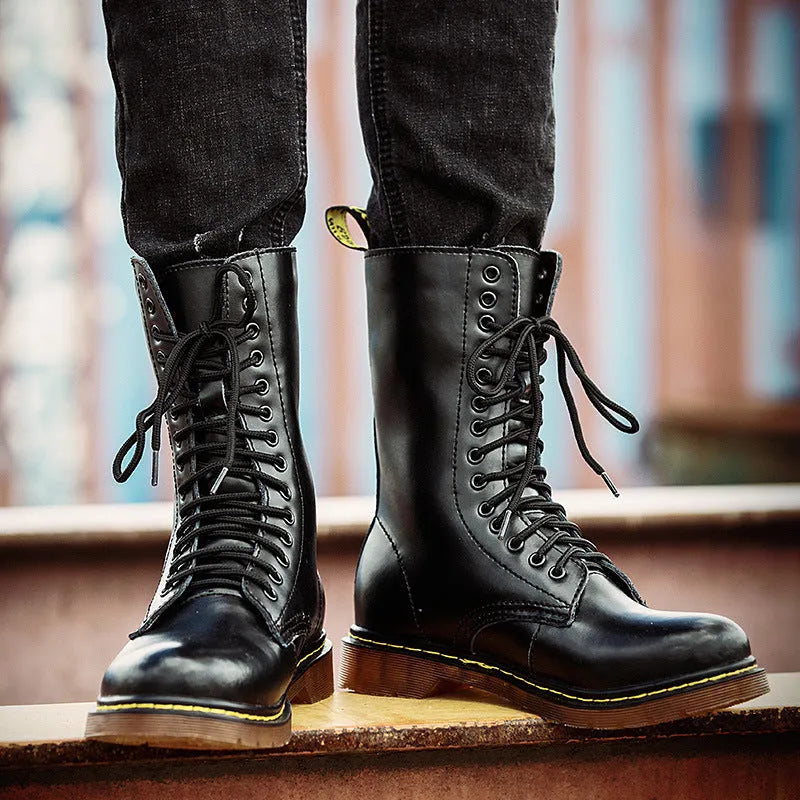 Men's black leather cotton casual shoes with lace-up closure, flat heel, and round toe design