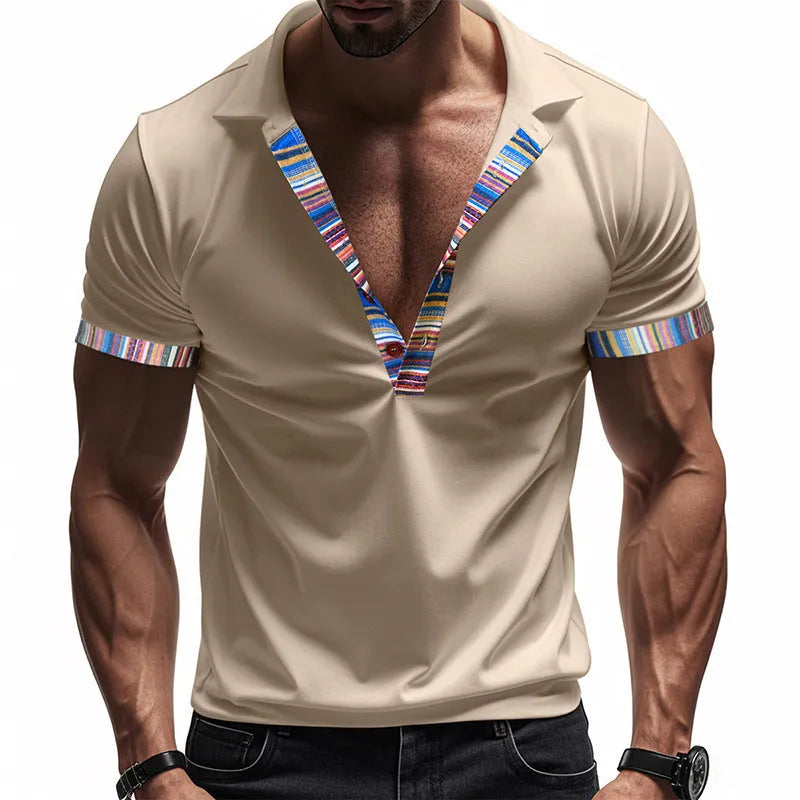 Men's short-sleeved V-neck printed loose casual polo shirt in summer colours
