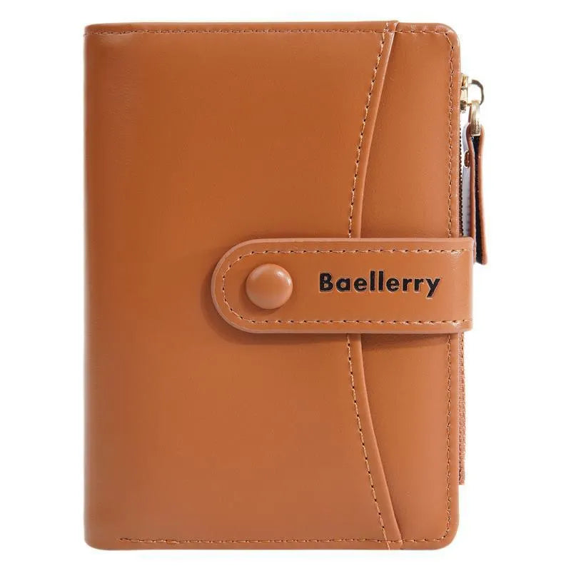 Women's short PU wallet in apricot colour showing compact design with card slots.