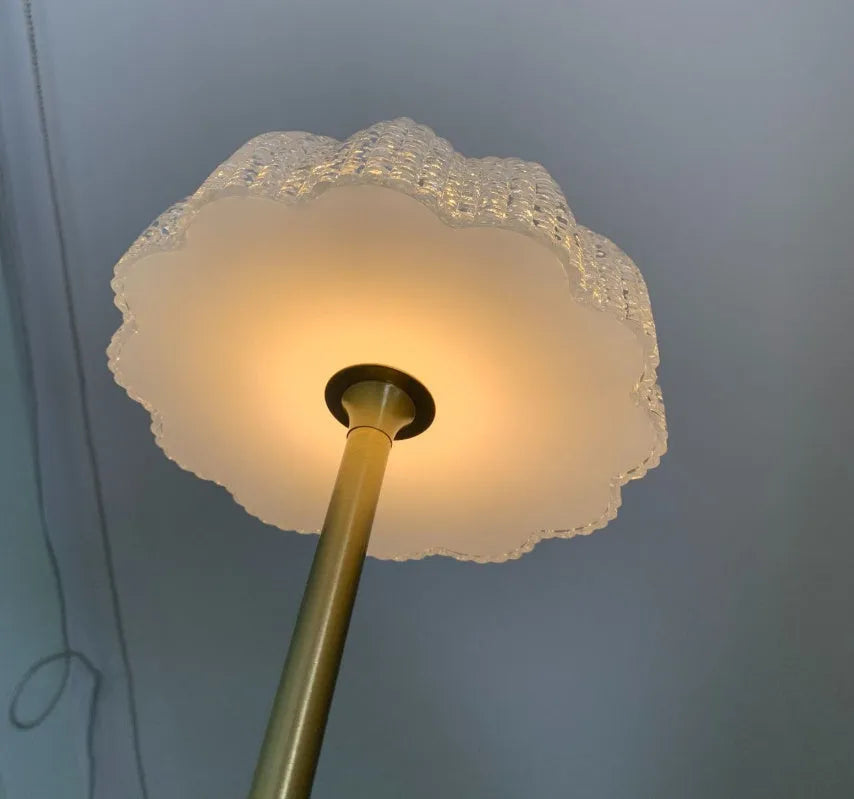 Retro bronze metal table lamp with wrought iron and acrylic shade, 14.5 x 14.5 x 31.5 cm, on desk