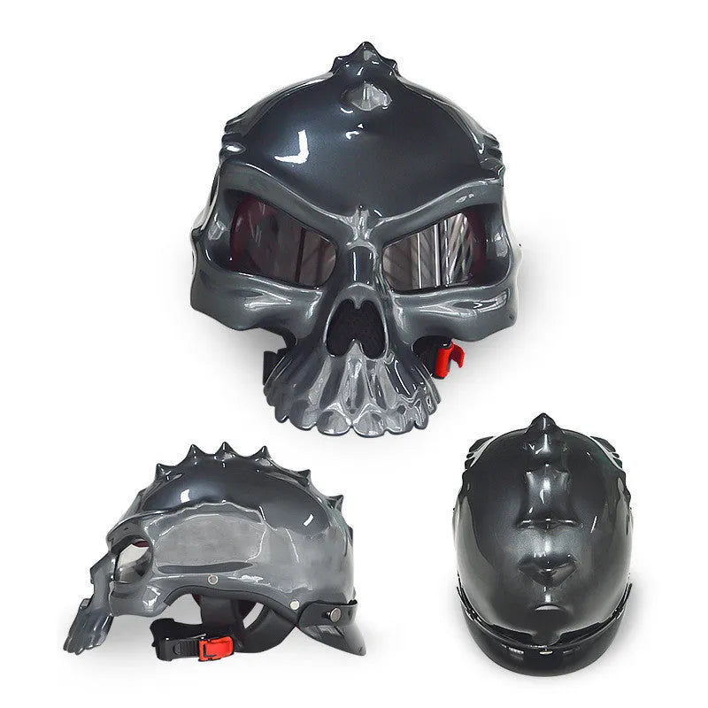 Motorcycle helmet with removable double-sided skull artwork panels in various colour options