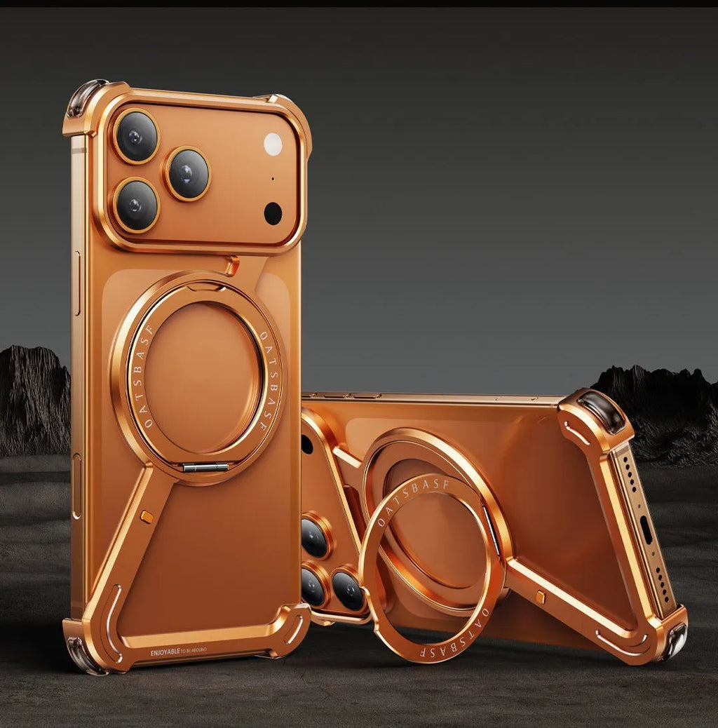 Black aluminium alloy iPhone 17 Pro Max phone case with integrated magnetic bracket showing folded and deployed positions