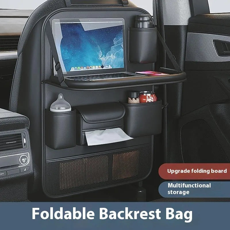 Black leather car seat back storage rack with handle and suspension straps