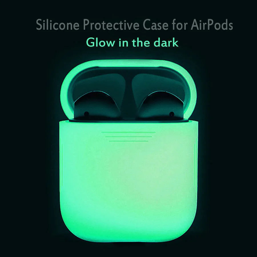 Luminous solid colour silicone flip-top protective case for AirPods on a white background.