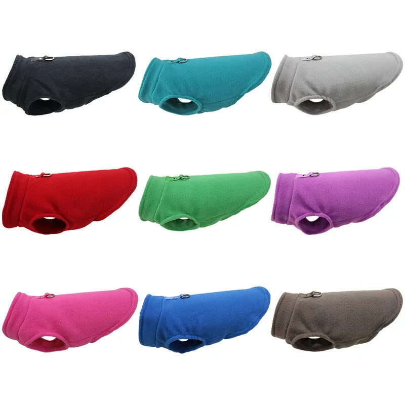 A solid-colour polar fleece dog waistcoat shown in one of nine available colours, sized for a medium dog.