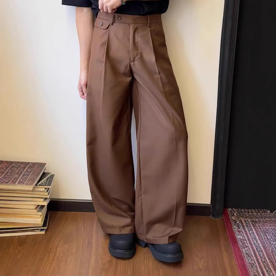 Men's brown straight-leg loose wide-leg suit pants made from chemical fibre blend polyester fabric
