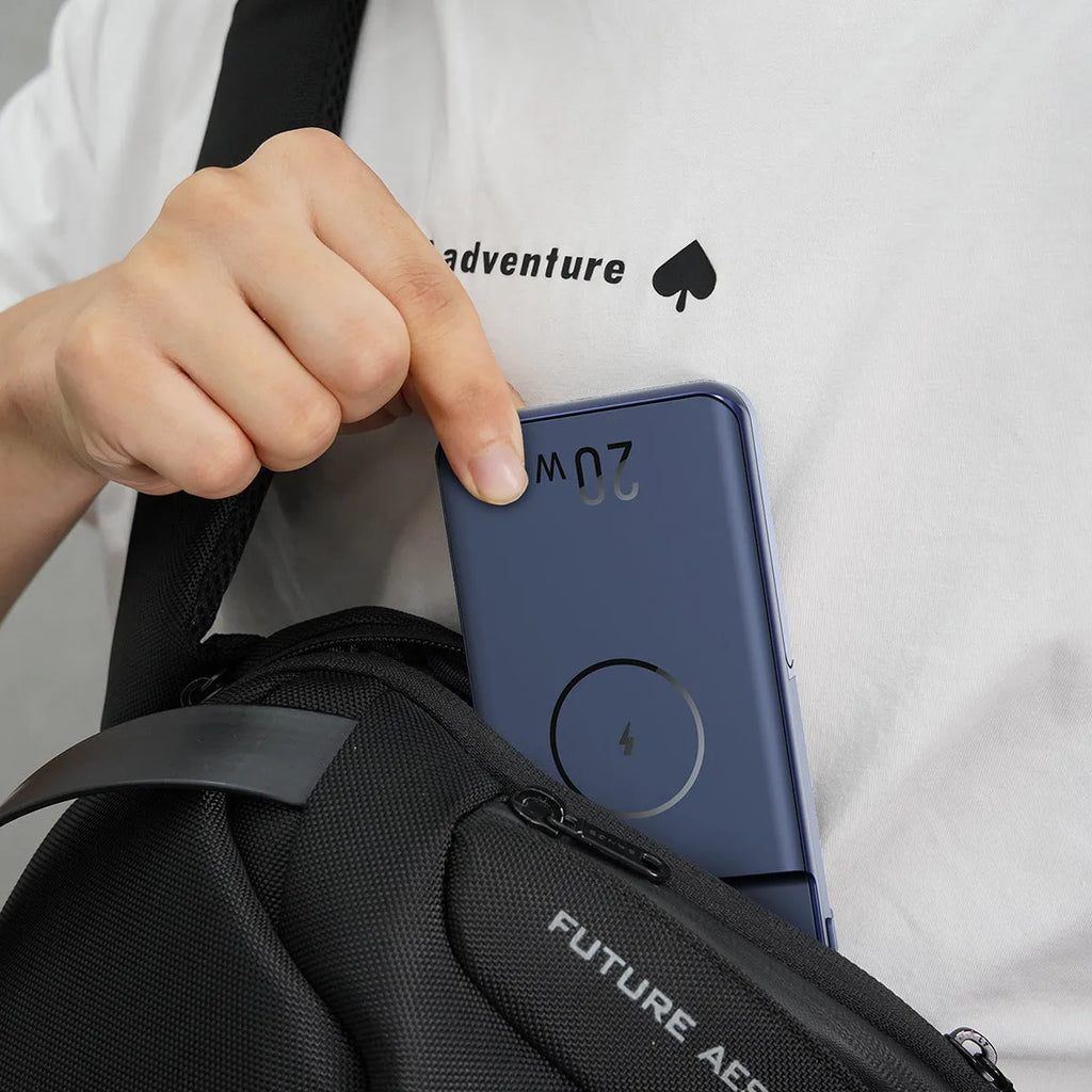 Black industrial-style magnetic wireless power bank with 10000mAh capacity