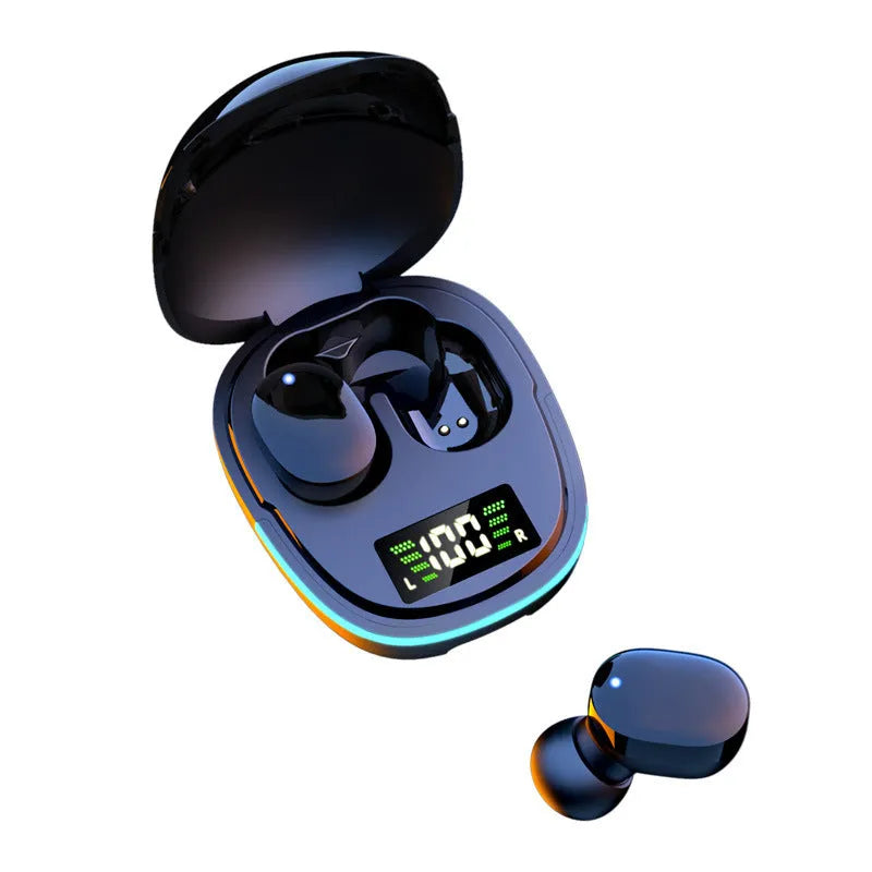 Black true wireless in-ear Bluetooth headphones with charging box showing digital battery display