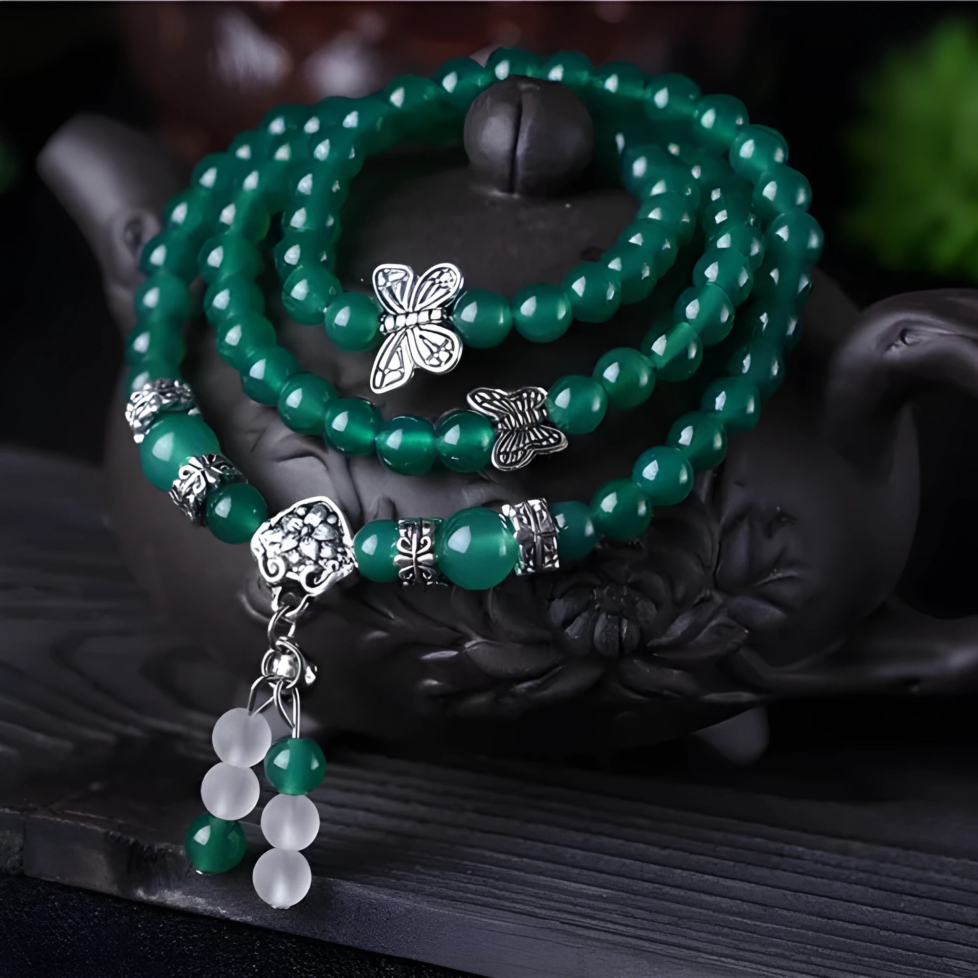 Green agate multi-layer women's bracelet with three circles of 6mm beads