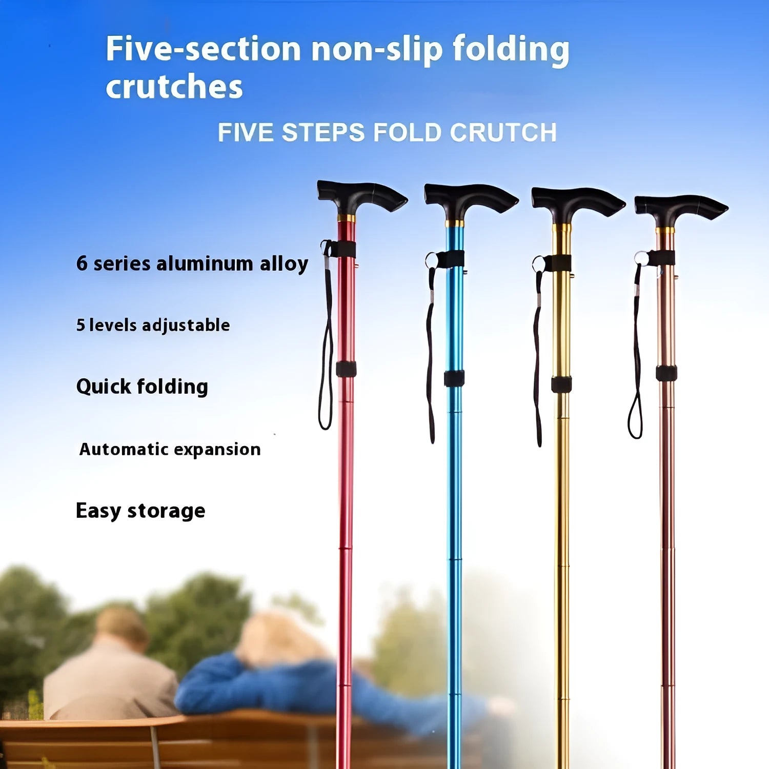 Adjustable aluminium folding walking cane in black with non-slip handle, shown extended and folded.