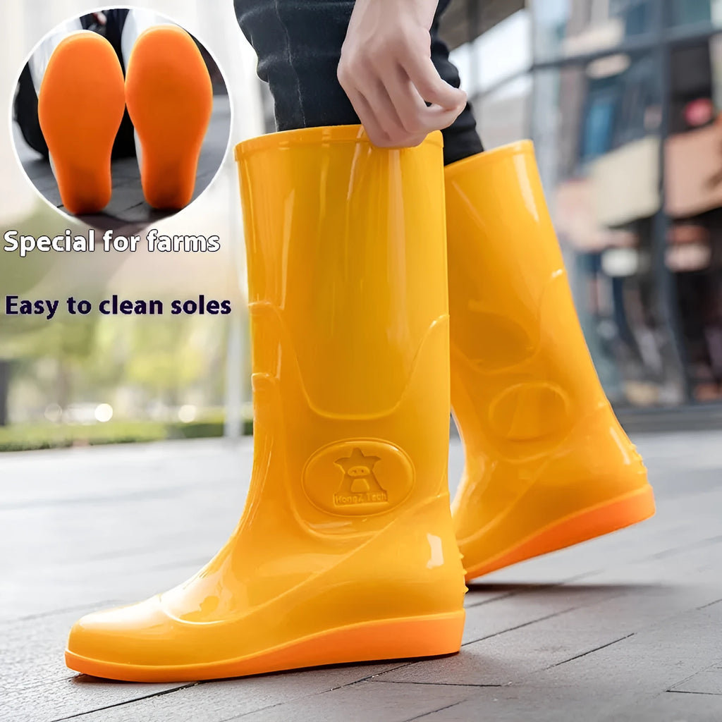 Plastic high tube rain boots in white colour with flat heel and round toe design