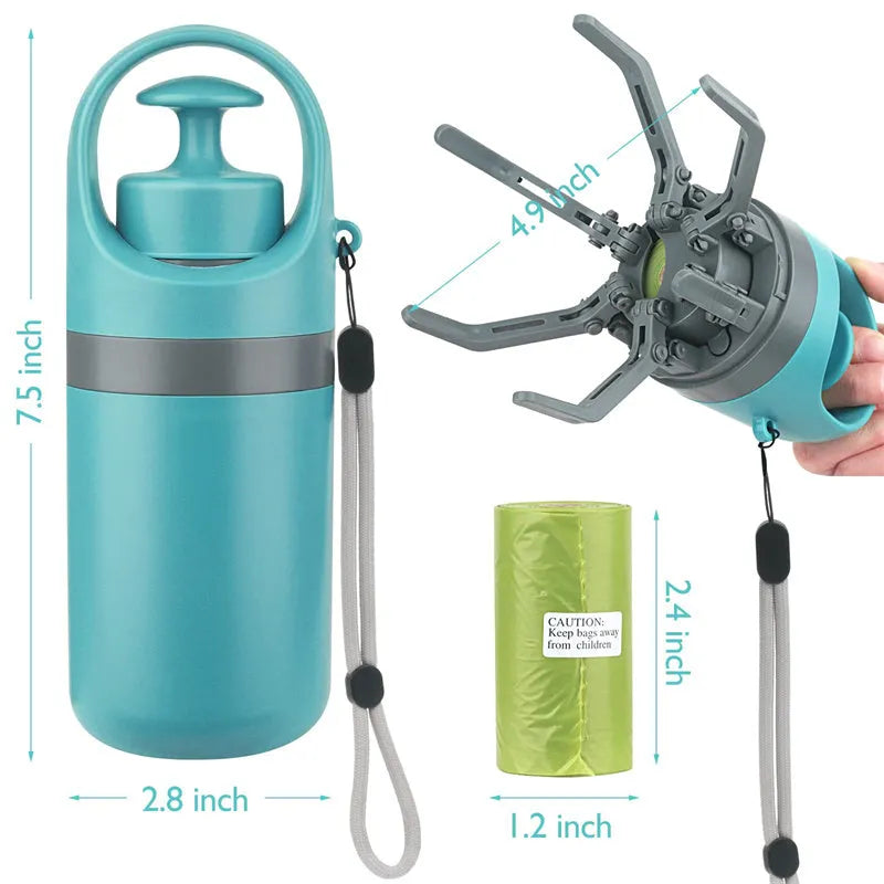Blue portable dog pooper scooper with claw mechanism and built-in bag dispenser