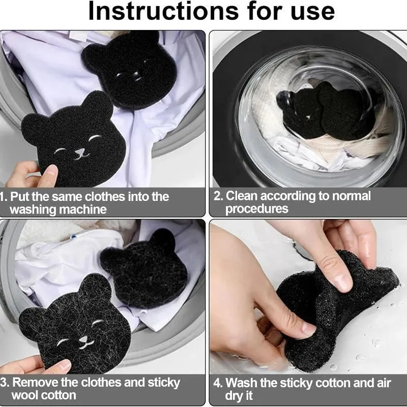 Two black bear-shaped sponge cleaning balls for pet hair removal in laundry