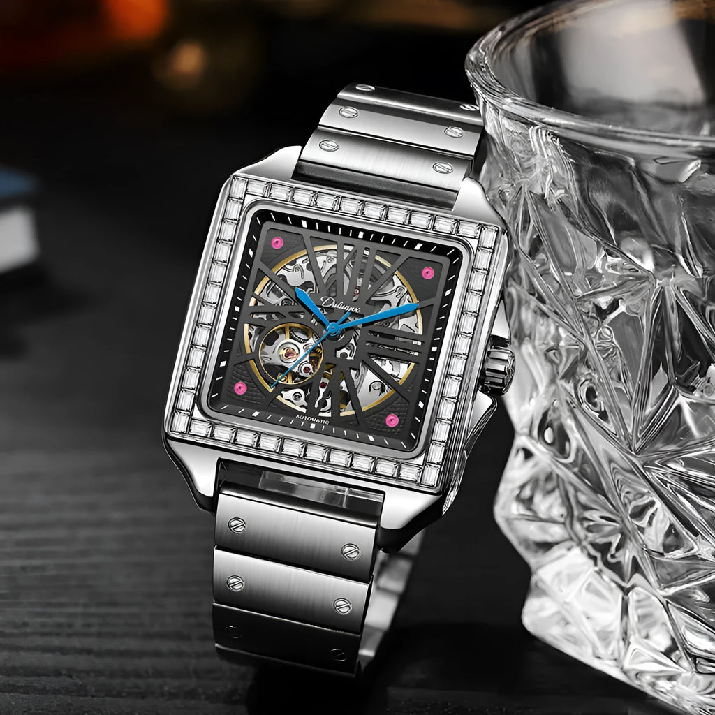 Men's square-faced automatic watch with diamond-studded case on a choice of strap.