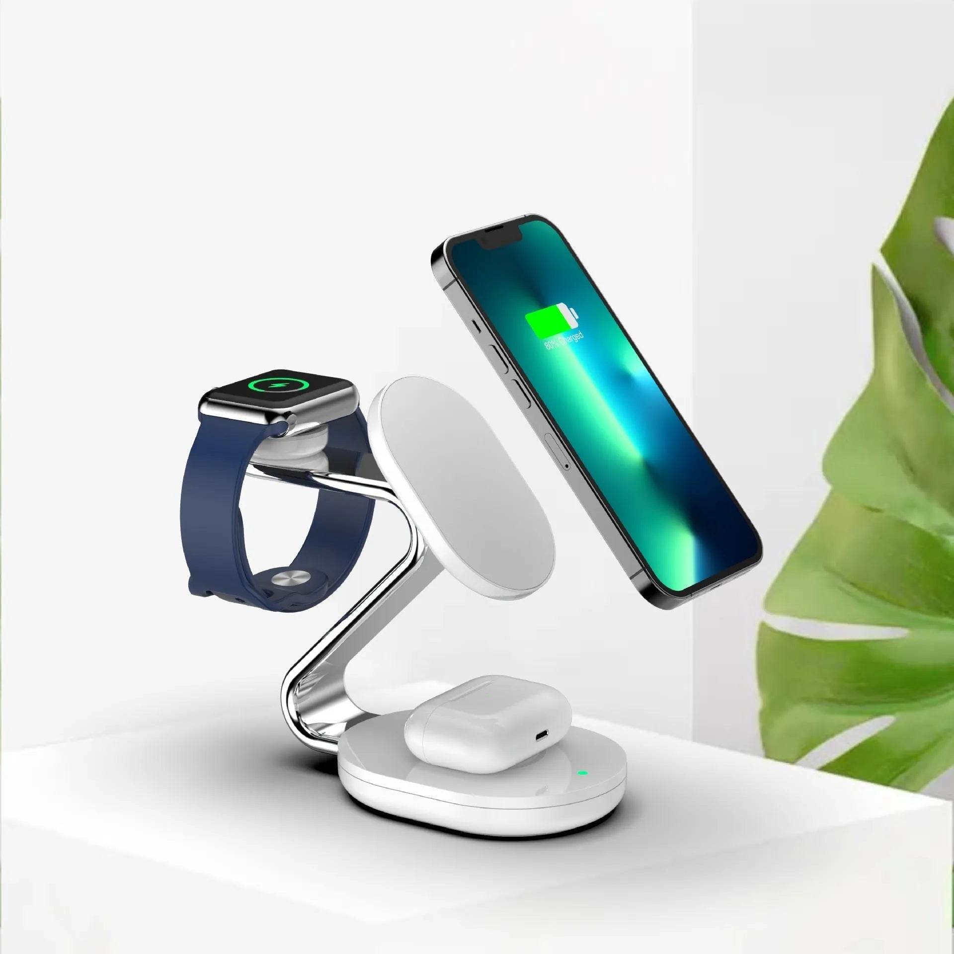 White plastic three-in-one magnetic wireless charger with indication function and USB interface