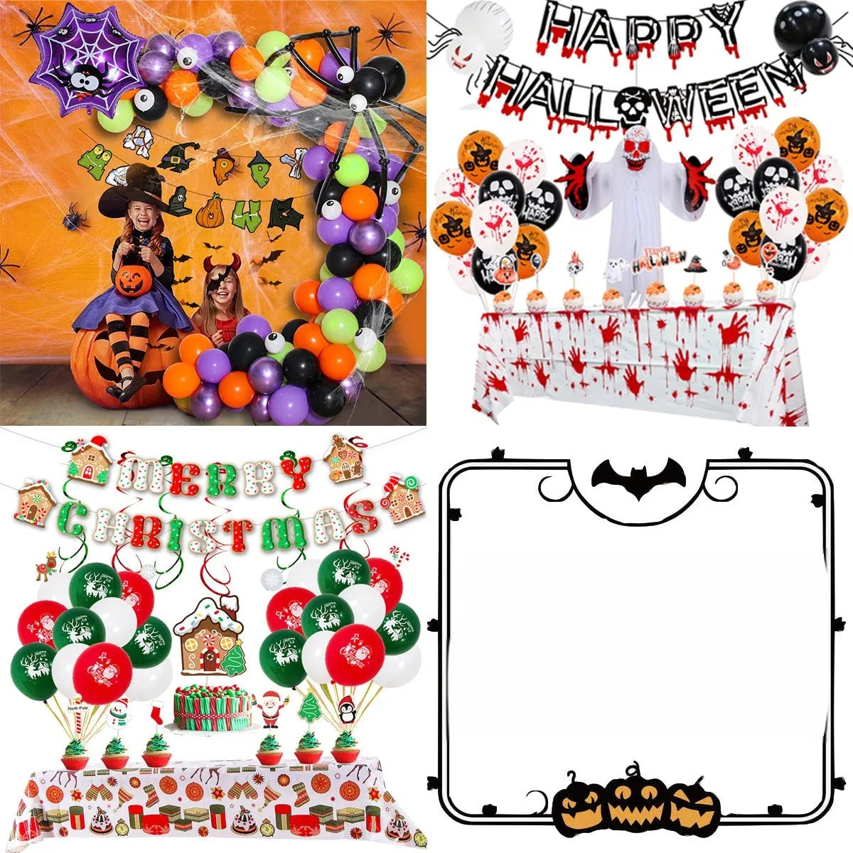 Halloween spider balloon arch decoration set with skull and pumpkin balloons in white and black colours