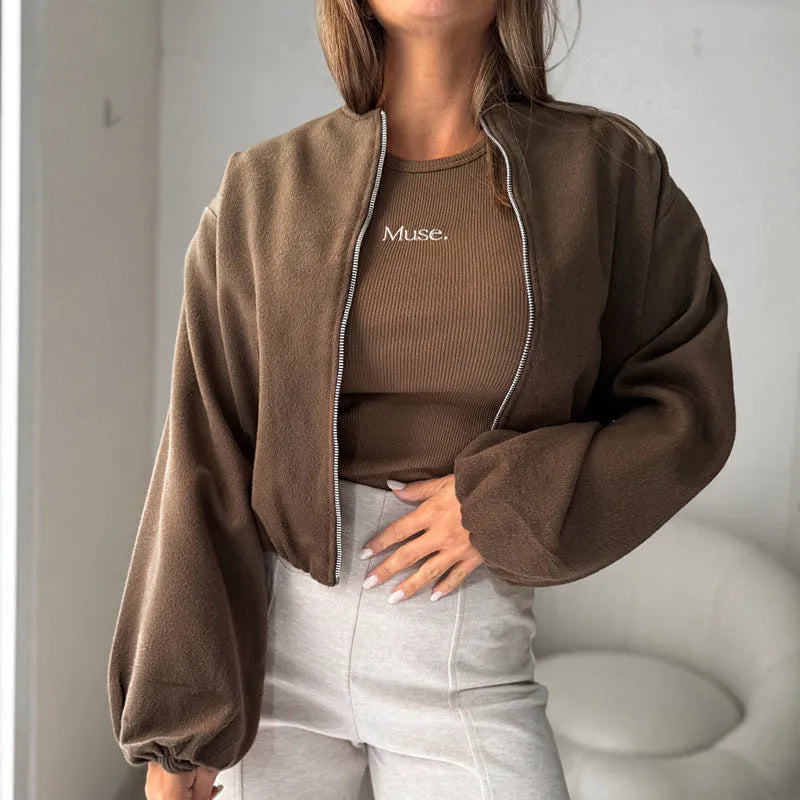 Women's brown polyester short coat with lantern sleeves and off-shoulder round neck design