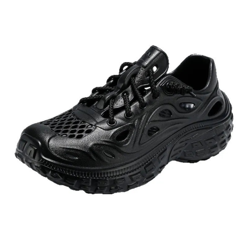 Men's black EVA sandals with thick sole, covered heel, and breathable hollow-out upper design.