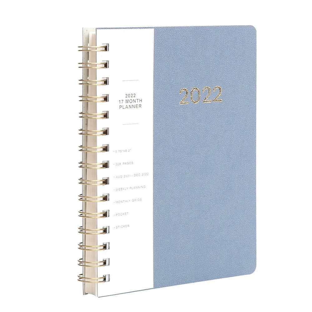 Blue and green 2022 student week planner notebook with PU leather cover showing 148 pages and storage pockets
