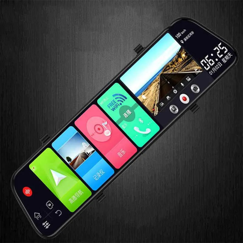12-inch rearview mirror car tachograph with touchscreen display and dual cameras for front and rear recording