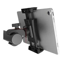 Black ABS plastic bicycle handlebar mount holding a mobile phone and a tablet computer.