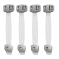Grey and green adjustable child safety cabinet locks with adhesive backing on a kitchen drawer.