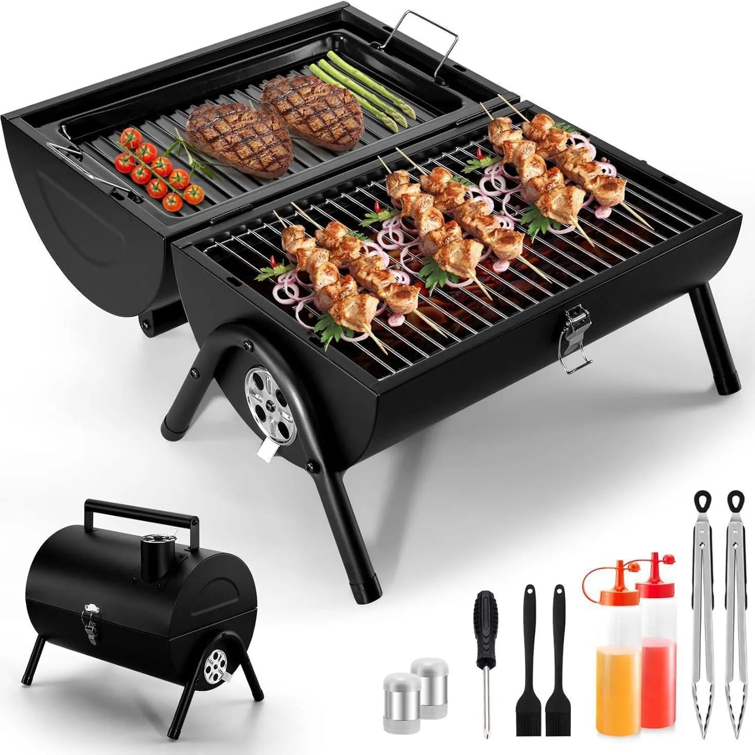 Small folding desktop charcoal barbecue grill shown in use on a table.