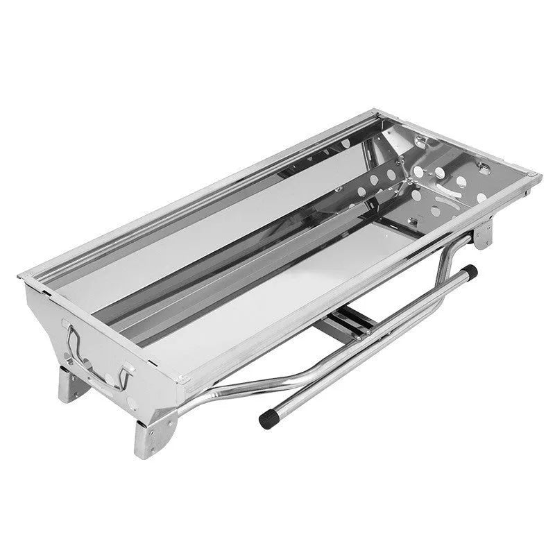 Stainless steel portable folding barbecue oven shown in natural metal colour.