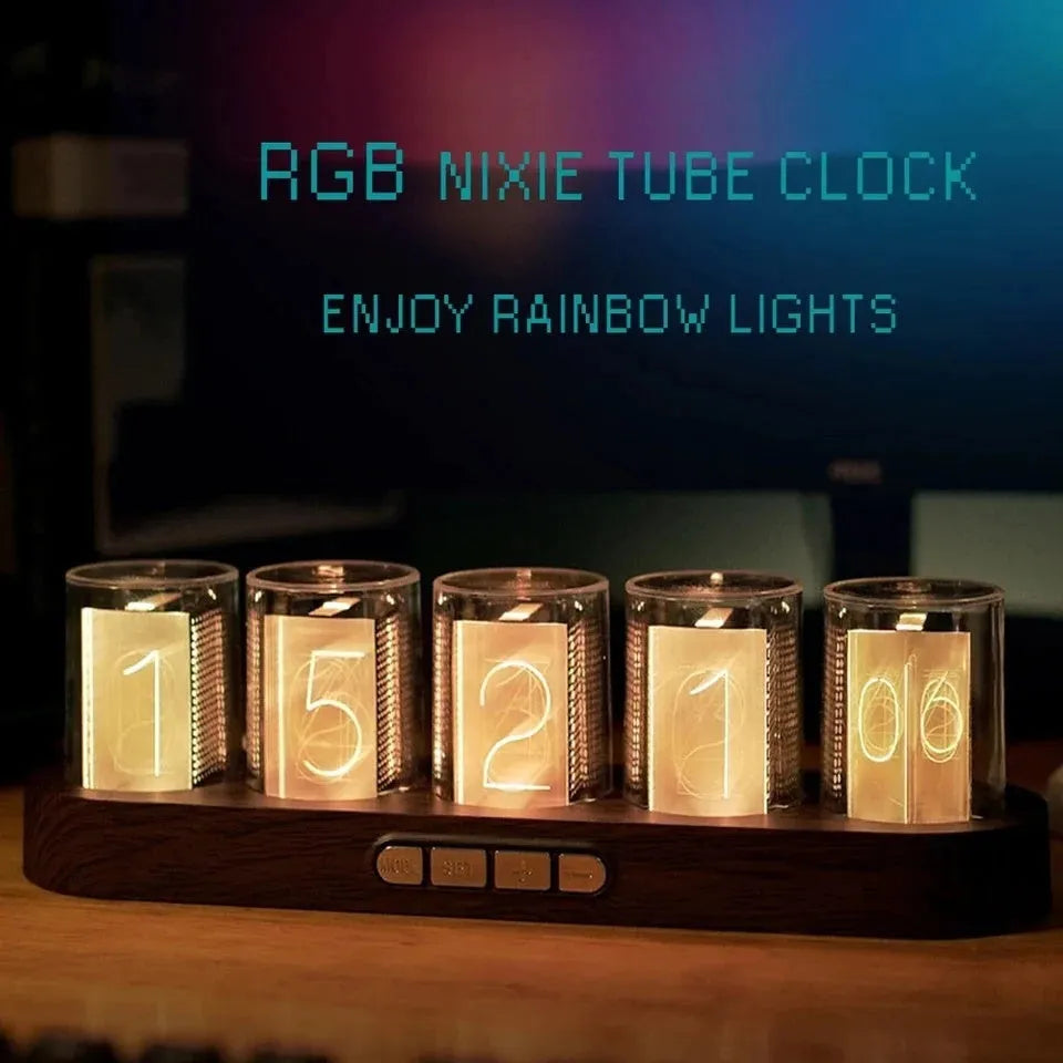 RGB LED digital tube clock showing time display with colourful lighting on desktop