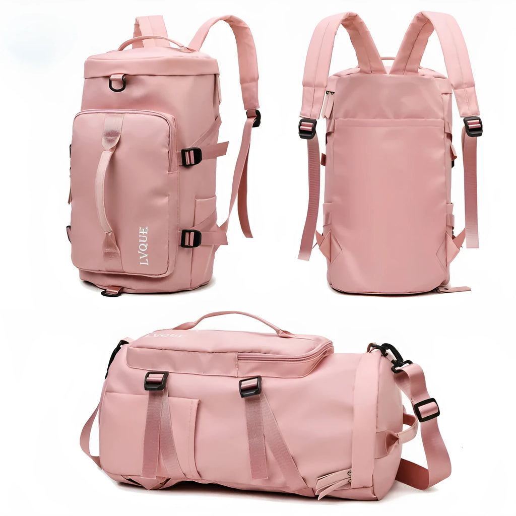Black waterproof 3-in-1 gym backpack with shoe compartment and combination lock shown as a backpack and shoulder bag.
