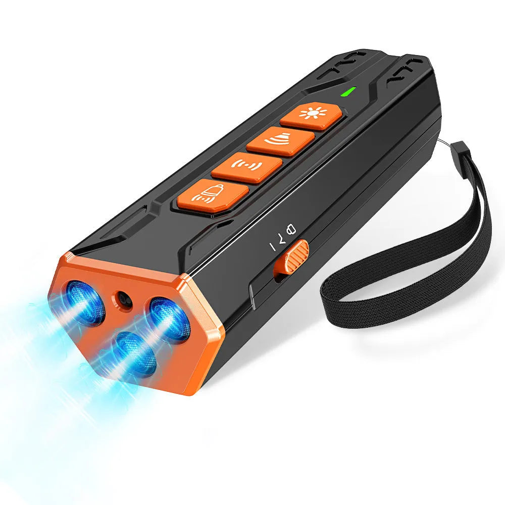 Three head ultrasonic dog trainer in grey and orange colour on a white background.