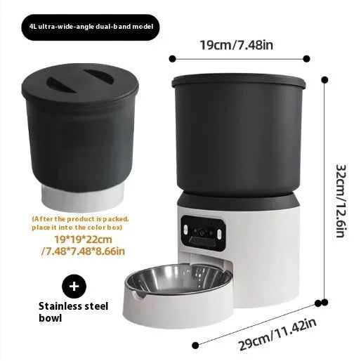 4L smart pet feeder with video camera and choice of stainless steel or plastic bowl on a kitchen floor