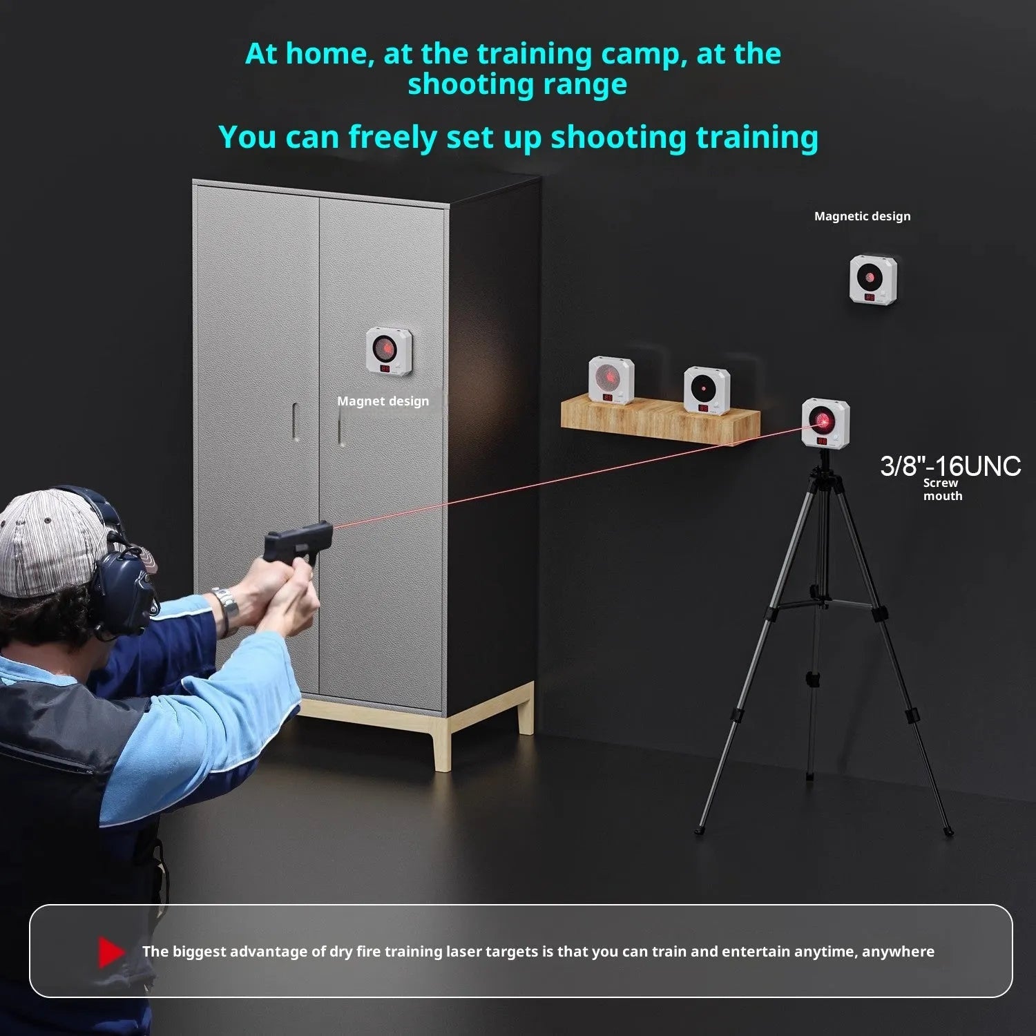 Infrared laser counting dry fire training target with ABS housing, magnetic plate, and Type-C cable on table