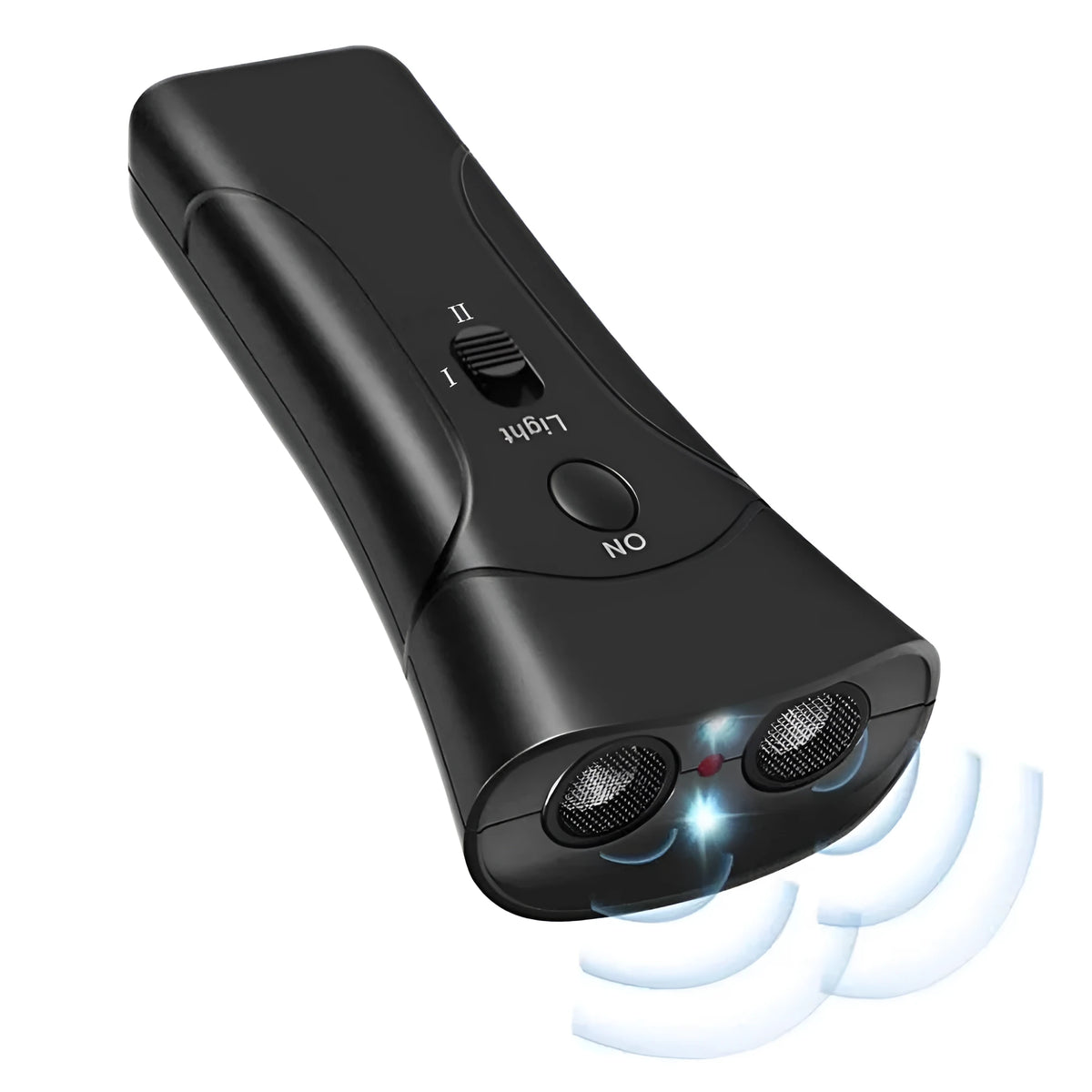 Ultrasonic dog repeller 3 in 1 ABS device with 125dB output, shown in double-head and single-head styles, 14x6x3cm.