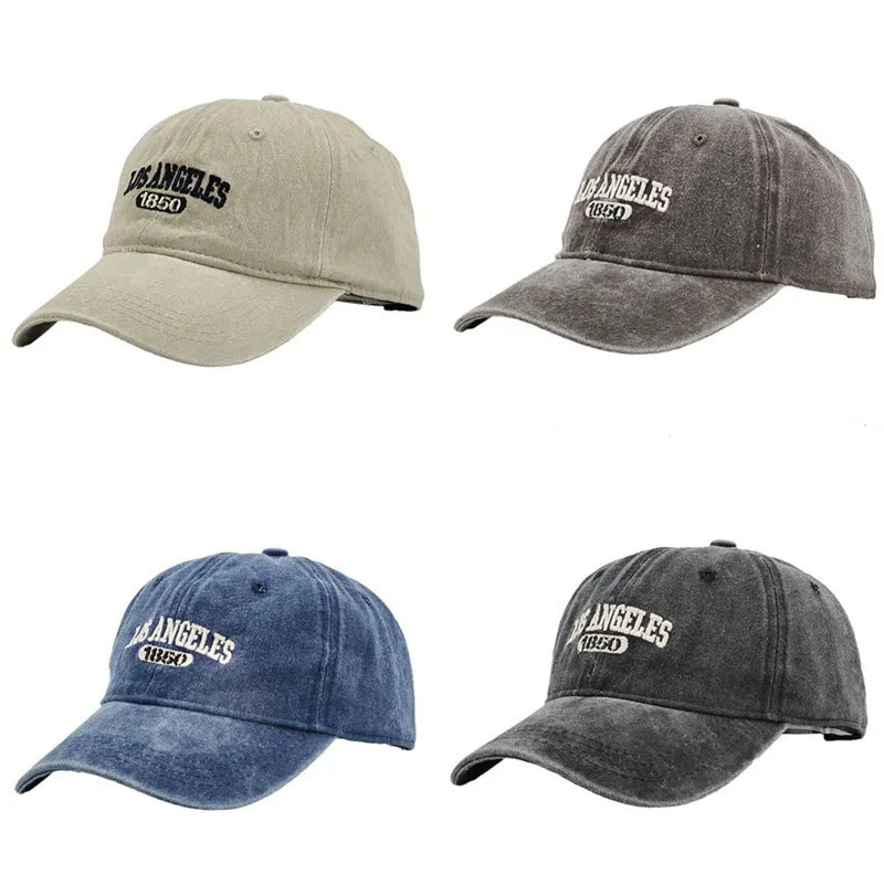 Retro personalised embroidered letters peaked cap in distressed fabric, adjustable fit, shown in beige colour.