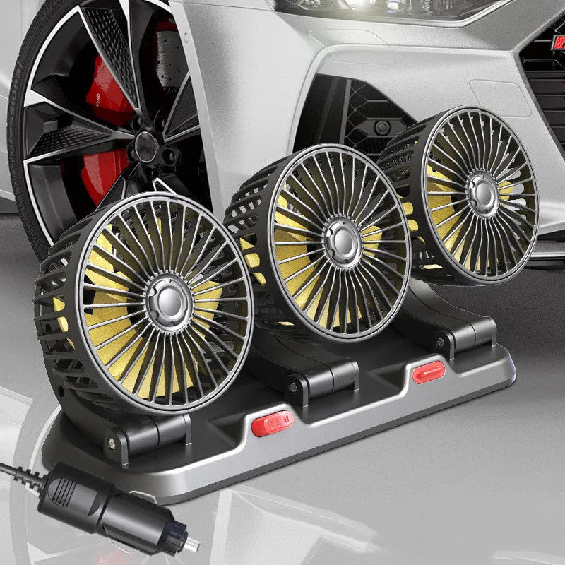 Three-head 12V automotive cooling fan with adjustable heads and cigarette lighter connector