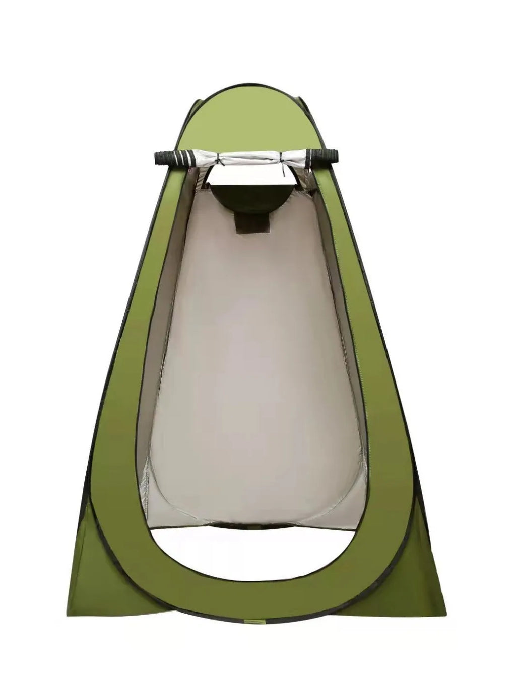 Blue and silver fast-opening camping changing tent set up outdoors with two windows.