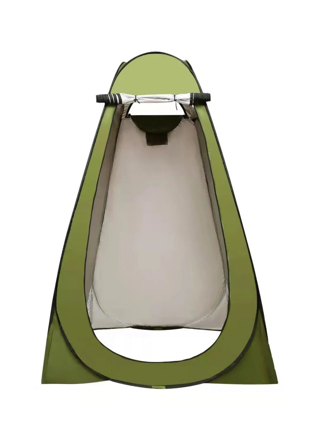 Blue and silver fast-opening camping changing tent set up outdoors with two windows.