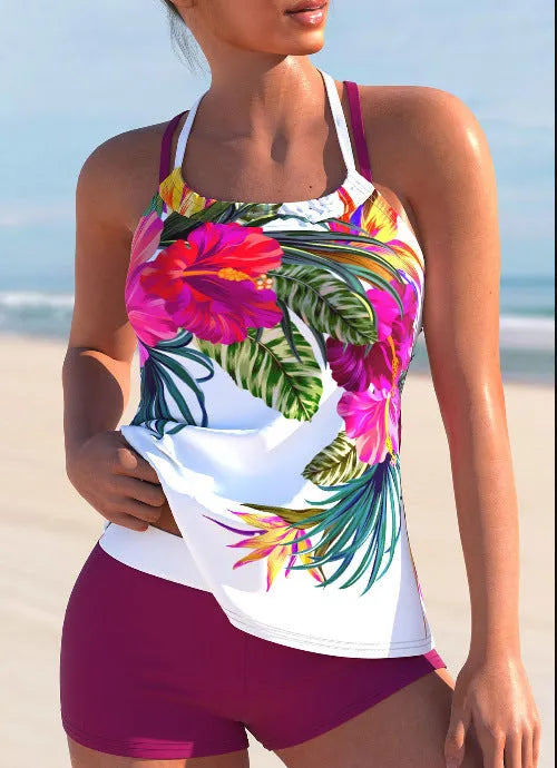 Large floral pattern women's swimsuit in purple-red colour with chest padding, two-piece design