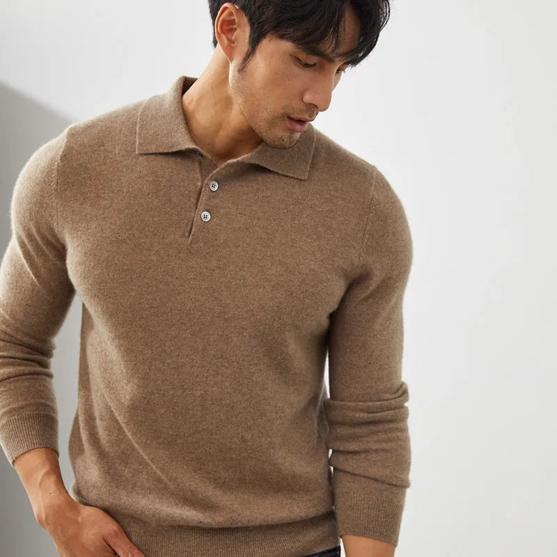 Men's cashmere pullover sweater with polo collar in sapphire blue colour showing loose fit design