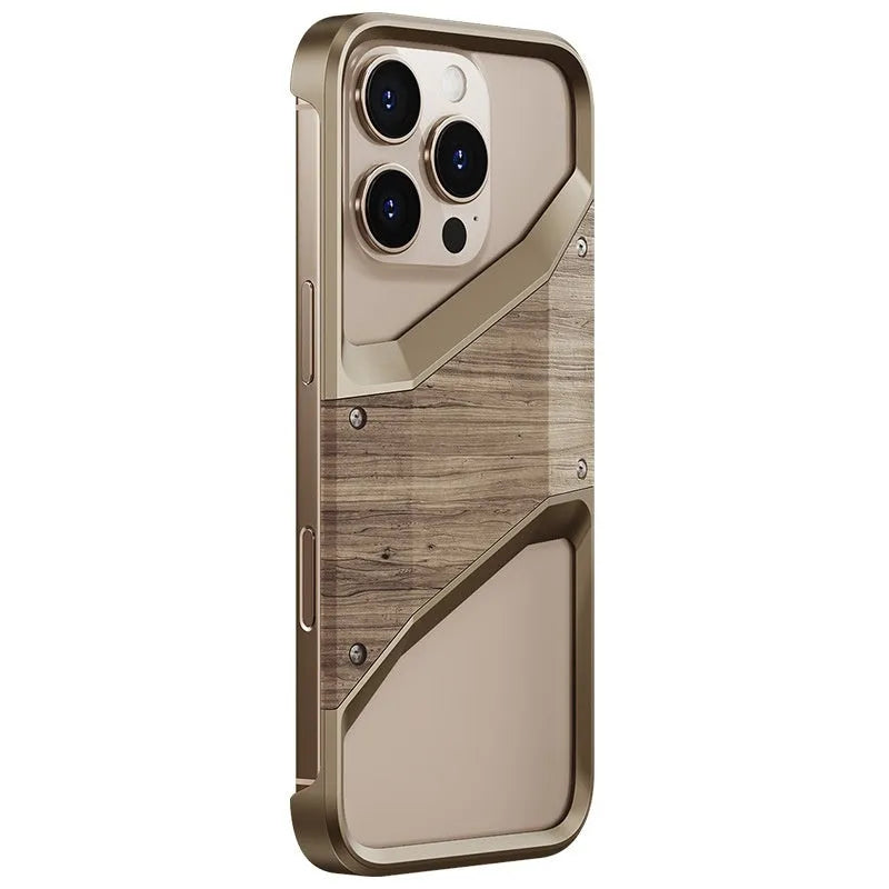 Wooden aluminium alloy phone case in Desert Gold on iPhone 15 Pro Max