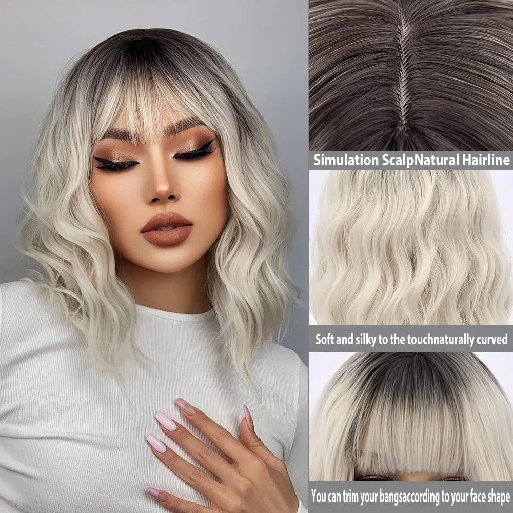 Women's short hair wig in ethnic style with oblique bangs, made from high temperature silk in image colour