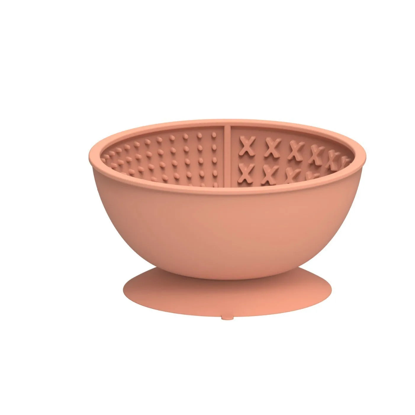 Cyan silicone pet licking mat and slow feeding bowl with suction cup base on a floor.