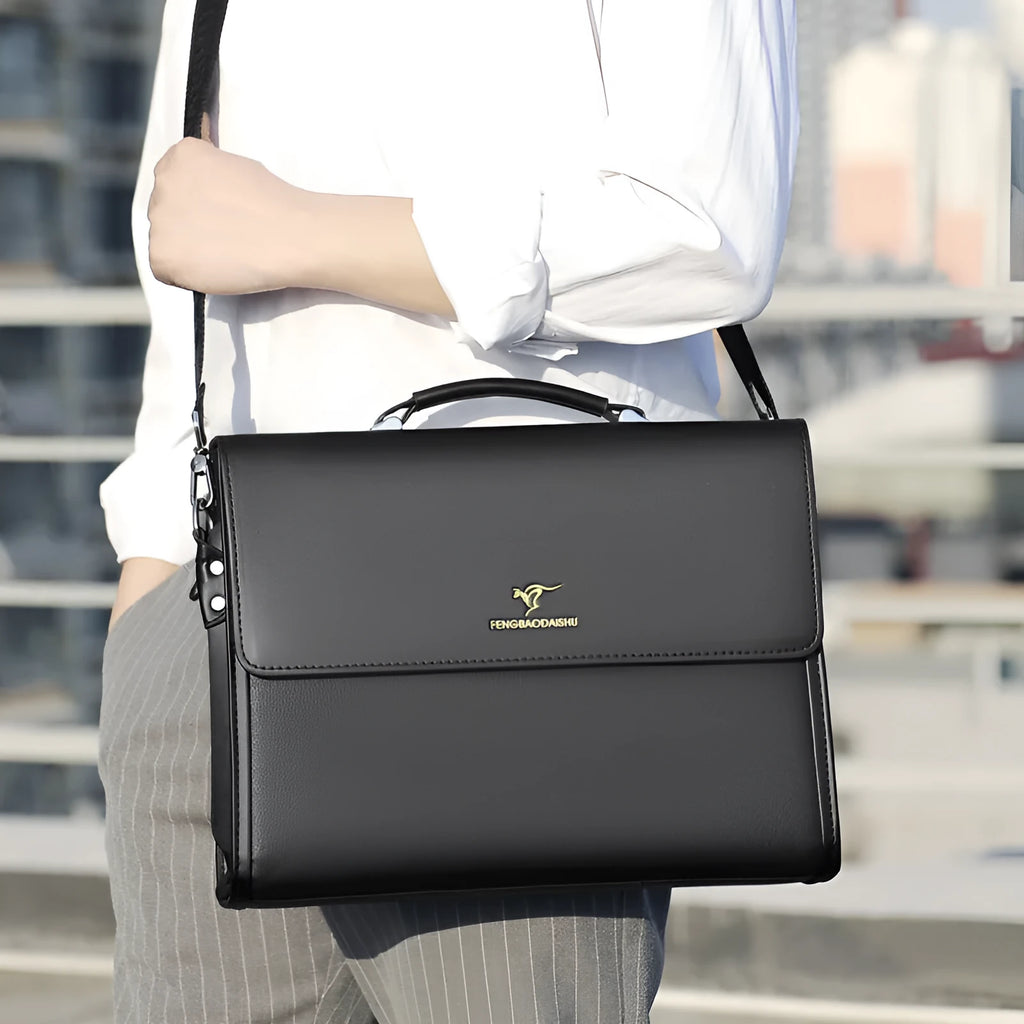 Men's horizontal PU leather waterproof briefcase in black, designed for business commute