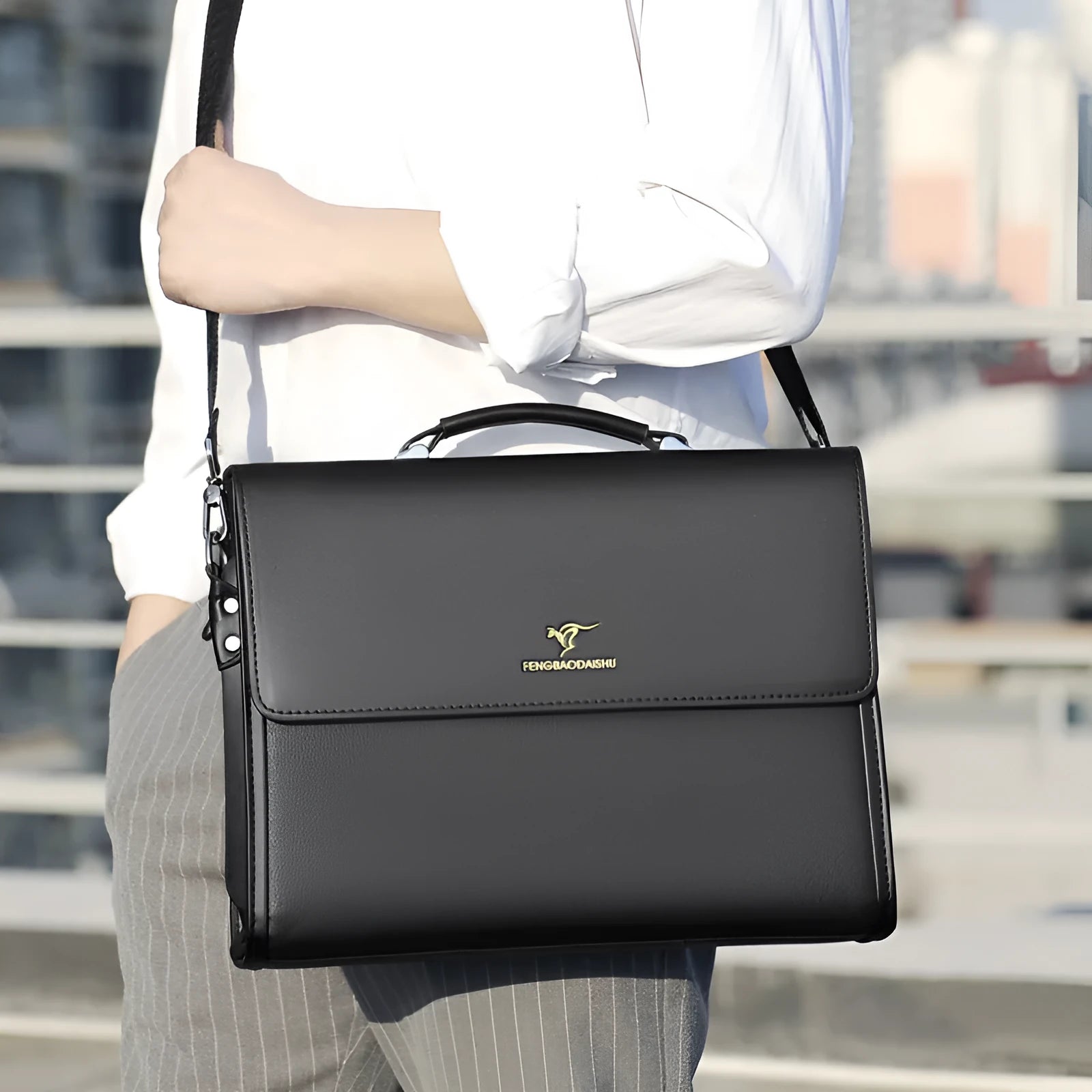 Men's horizontal PU leather waterproof briefcase in black, designed for business commute