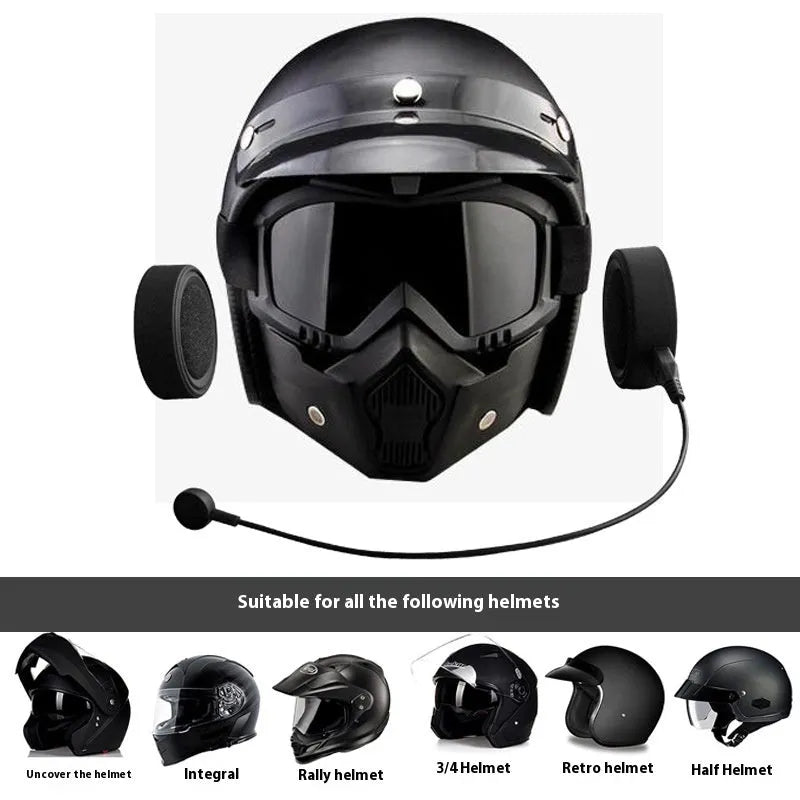 Black waterproof helmet Bluetooth headset with bilateral stereo earpieces and battery display